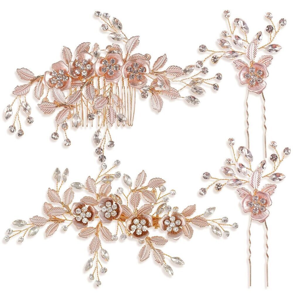 Bridal Rose Gold Hair Accessories Set Crystal Flower Leaves Wedding Comb Pins